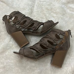 Brown open toe boots, size 8